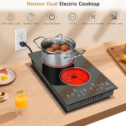 Noxton 110V Electric Cooktop 2 Burners, 12 Inch Electric Stove,Counter top Burner & Built-in Ceramic Stovetop, Sensor Touch Control Timer, Child Safety Lock, High Temperature Warning