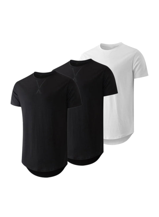 JMIERR Men's 3 Pack Cotton Hipster Hip Hop Longline Crewneck T-Shirt, Short Sleeve Gym Workout Athletic T Shirts for Men Pack,2XL, Black/Black/White