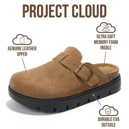 Project Cloud Genuine Leather Platform Clogs for Women Footwear - Memory Foam Arch Support Cork Footbed Casual Shoes & Mules for Women 2025 (Benton Chunky, TAN, 7.5)