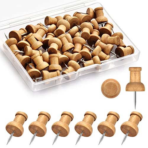 40Pcs Wood Push Pins, Decorative Thumb Tacks, Wooden Pins and Tacks, Cork Board Thumbtacks, Cute Thumbtack for Wall and Bulletin Board, Map Pins