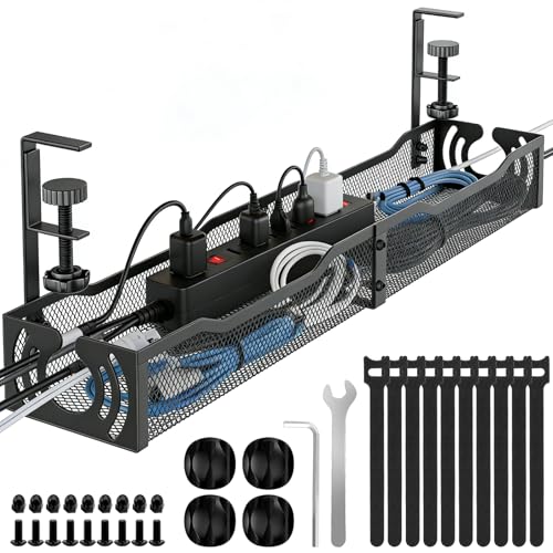 Cable Management 25.3 Inch Under Desk Cable Management Tray No Drill, Metal Cable Organizer with Clamp for Wire Management, Cord Organizer for Home Office, Black