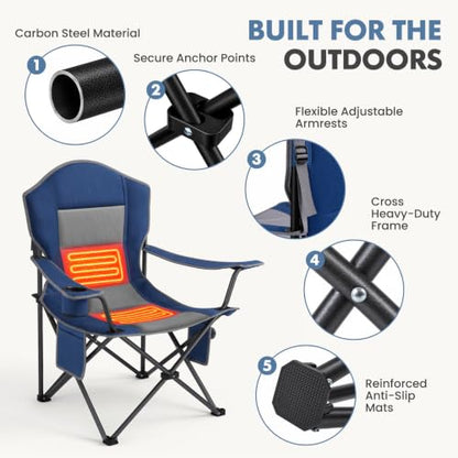 DUMOS Heated Camping Chair for Adults, Folding Chair for Outside | Padded 400 lbs Heavy Duty Support, 3 Heat Levels, 2 Heating Zones, for Outdoor Sports Lawn, Battery Not Included, Blue Grey