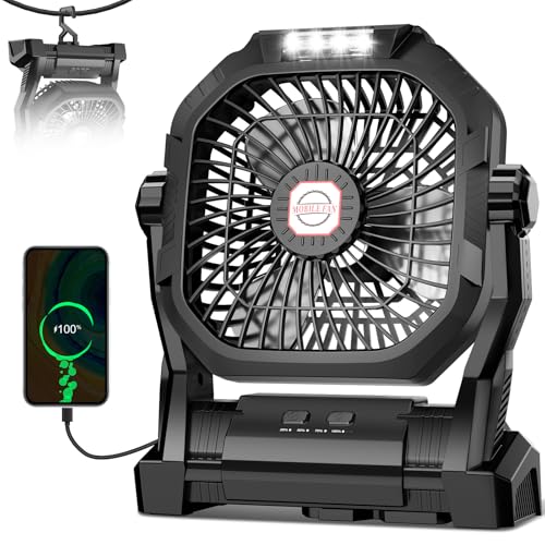 Camping Fan Rechargeable, 20000mAh Battery Powered Portable Fan with LED Light & Hook, 4-Speed 270° Adjustable, Camping Essentials for Tent, Travel, Car, Outdoor, Indoor, BBQ, Fishing, Jobsite