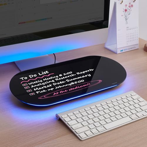 TSJ OFFICE Glass Desktop Whiteboard - 17 X 7 Inches Small Dry Erase Board with Blue Light, Glass White Board Surface Notepad with 1 Drawer, Desk Organizers for Office, Home, School Supplies (Black)