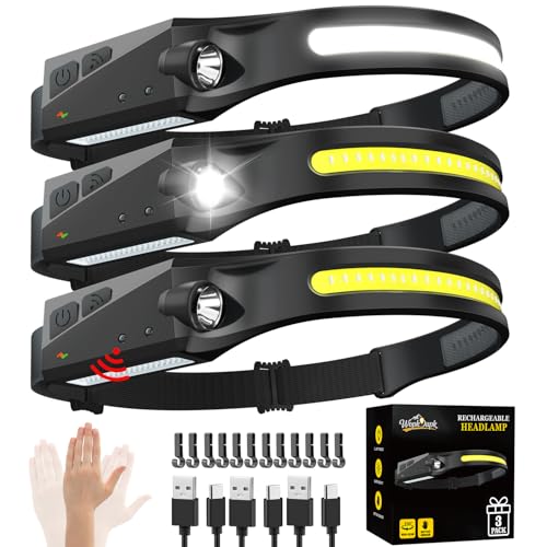 Rechargeable Headlamp 3PCS, 230° LED Head Lamp, Head Lights for Forehead