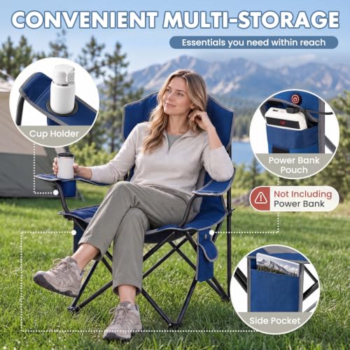 DUMOS Heated Camping Chair for Adults, Folding Chair for Outside | Padded 400 lbs Heavy Duty Support, 3 Heat Levels, 2 Heating Zones, for Outdoor Sports Lawn, Battery Not Included, Blue Grey