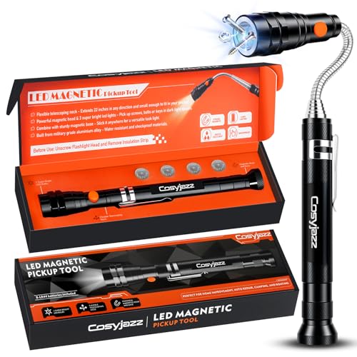 Magnetic Pickup Tool, Cosyjazz Magnetic Flashlight Telescoping Magnet with LED Flashlight and Extendable Neck, Cool Gadget Birthday Gifts for Men, Dad, Husband, Mechanic, Tech, Handyman