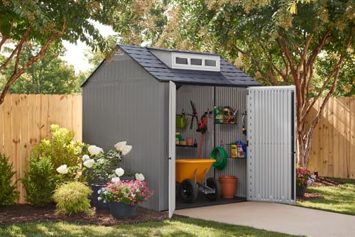 Rubbermaid Resin Outdoor Storage Shed With Floor (7 x 7 Ft), Weather Resistant, Gray, Organization for Home/Backyard/Garden Tools/Lawn Mower/Bike Storage/Pool Supplies