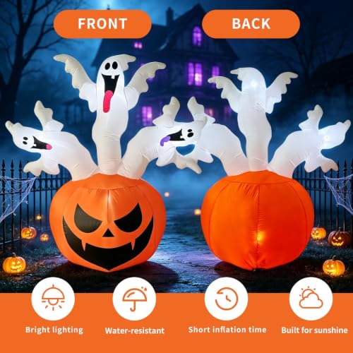 Bajree 6 FT Halloween Inflatable Pumpkin with 3 Ghosts for Outdoor Decor | Halloween Blow Ups Pumpkin Decor with Ghosts, Fast Inflation, LED Lights for Yard, Lawn, Garden and Parties