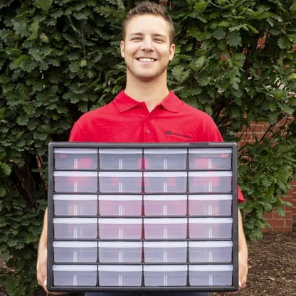 Akro-Mils 10124 24-Drawer Plastic Drawer Storage Cabinet for Garage Organization, Bead Organizer, Lego Storage, Teacher Toolbox, Makeup Organizer, and More, 20-Inch W x 6-Inch D x 16-Inch H, Black