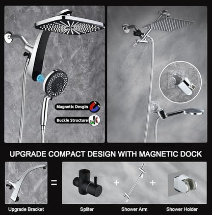 12" High Pressue Rain Shower Head with Handheld, 9 Sprays Hand Showerhead