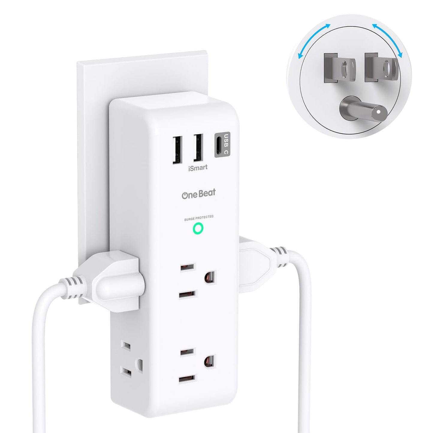 Surge Protector Outlet Extender with Rotating Plug, One Beat 6 AC Multi Plug Outlet with 3 USB Ports (1 USB C), 1800J Wall Charger, 3-Sided Power Strip Spaced Outlet Splitter for Home Office Travel