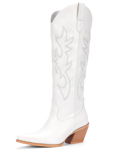 Pasuot White Cowboy Boots for Women - Wide Calf Cowgirl Knee High Western with Side Zip and Embroidered, Pointed Toe Chunky Heel Retro Classic Tall Cowboy Carter Boot Pull On for Ladies Fall Winter US 8