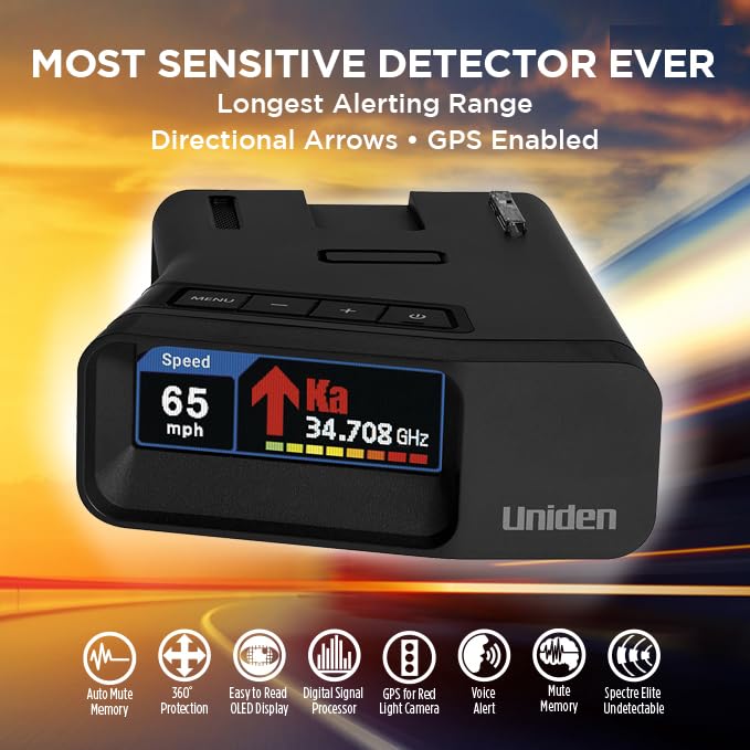 Uniden R7 Extreme Long-Range Laser-Radar Detector, Built-in GPS w/ Real-Time Alerts, Dual-Antennas Front & Rear w/Directional Arrows, Voice Alerts, Red Light Camera and Speed Camera Alerts