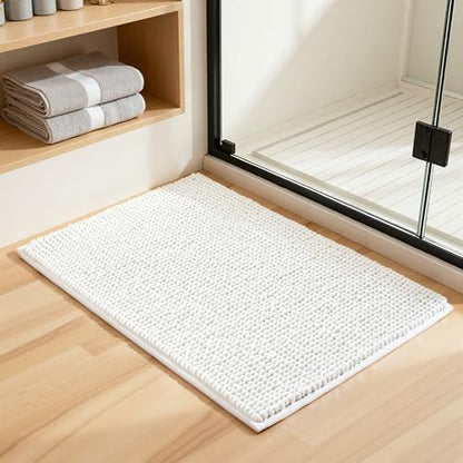 SUBRTEX Bathroom Rugs Chenille Bath Rug Soft Short Plush Bath Mat Soft Shower Mat Water Absorbent Shower Mat Quick Dry Machine Washable(White,16" x 24")