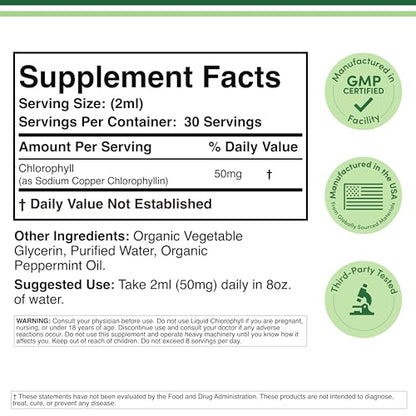 Chlorophyll Liquid Drops - for Digestion, Gut Health, Energy and Detox - Vegan Safe (Rich, Full Texture and Taste, Not Watered Down), 2oz Peppermint Flavored, by Double Wood