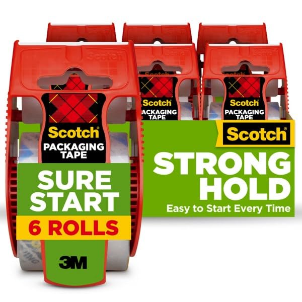 Scotch Sure Start Packing Tape, Clear, Quiet Unwind and Easy Start, 1.88 in. x 22.2 yd., 6 Tape Rolls with Dispensers