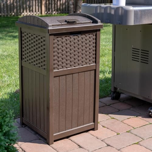 Suncast 33 Gallon Outdoor Trashcan Hideaway with Lid for 30 to 33 Gallon Trash Bags for Garage, Backyard, or Garden, Brown, Made in the USA