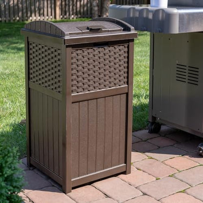 Suncast 33 Gallon Outdoor Trashcan Hideaway with Lid for 30 to 33 Gallon Trash Bags for Garage, Backyard, or Garden, Brown, Made in the USA