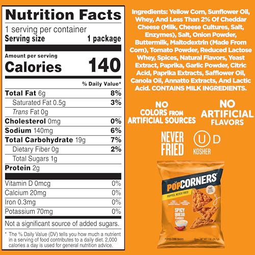 PopCorners Popped Corn Snacks, Spicy Queso, 1 Ounce Bags (Contains 20 Packets) Packaging May Vary