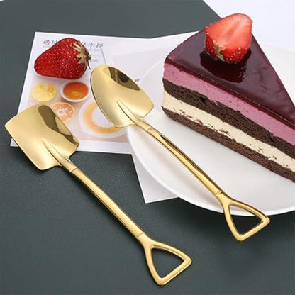 Shovel Spoon Dessert Spoons- 2pcs Ice Cream Spoon Gold Shovel Shape Spoons Mini Long Handle Coffee Afternoon Teaspoon for Home Kitchen Restaurant Party (gold)