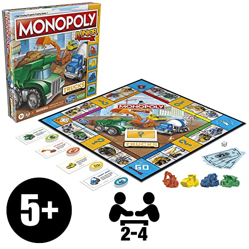 Monopoly Junior Trucks Edition Board Game for Kids Ages 5+, 2-4 Player Kids Games (Amazon Exclusive)