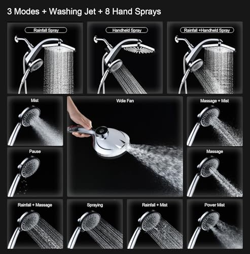 12" High Pressue Rain Shower Head with Handheld, 9 Sprays Hand Showerhead
