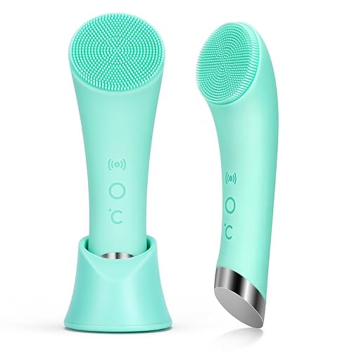 PRITECH Silicone Face Scrubber, Rechargeable Facial Cleansing Brush with Heat Massage End, Vibrating Exfoliator Scrubber for Deep Cleaning, Waterproof Face Brush for Women and Men (Green)