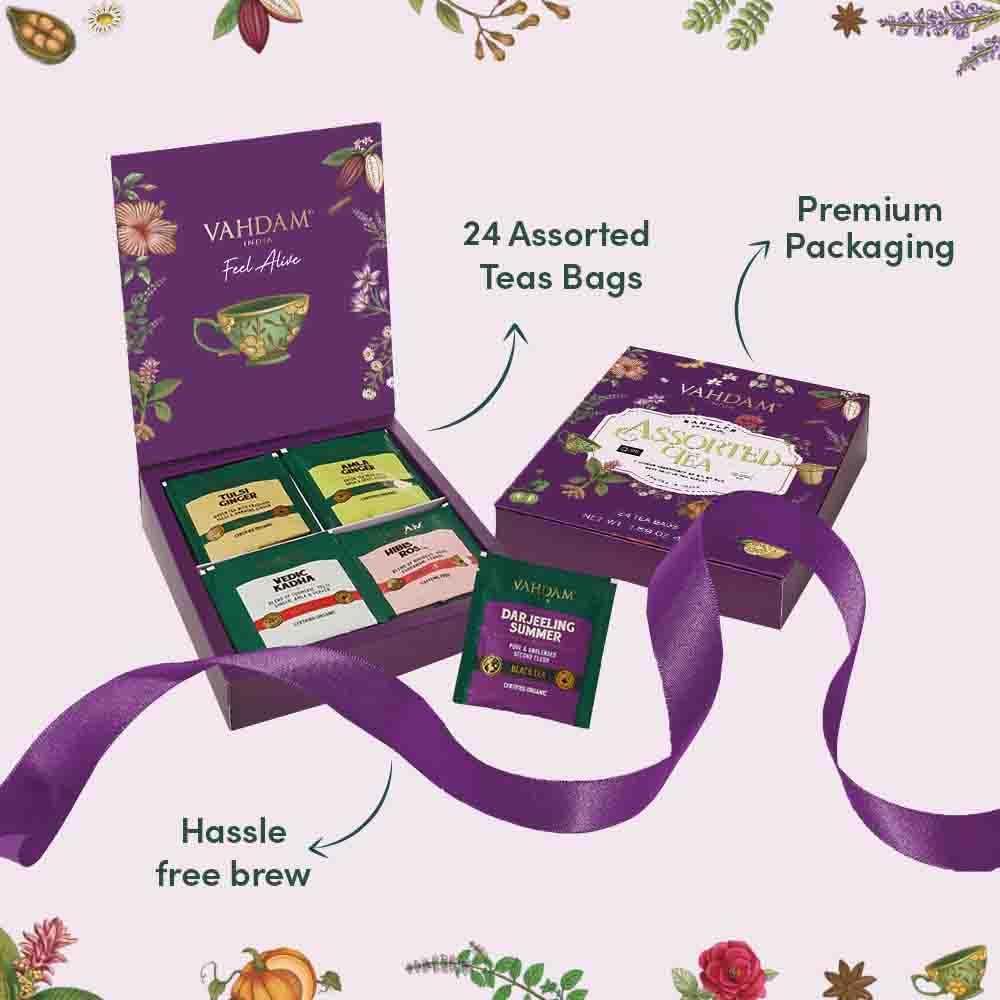 VAHDAM, Assorted Valentines Day Tea Gift Set | Classic Gift Box - 24 Unique Flavor in Individually Wrapped Pyramid Tea Bags | Valentines Day Gifts for Him & Her