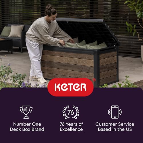 Keter Kentwood 92 Gallon Resin Deck Box-Organization and Storage for Patio Storage Box Outdoor Cushions, Throw Pillows, Garden Tools and Pool Floats, Brown