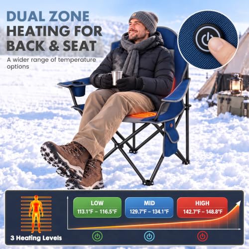 DUMOS Heated Camping Chair for Adults, Folding Chair for Outside | Padded 400 lbs Heavy Duty Support, 3 Heat Levels, 2 Heating Zones, for Outdoor Sports Lawn, Battery Not Included, Blue Grey
