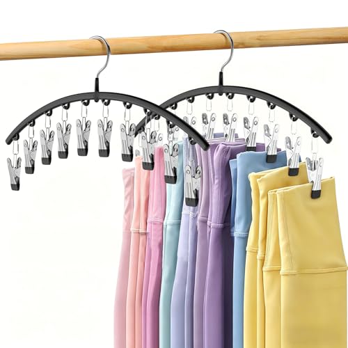 Volnamal Legging Organizer for Closet, 2 Pack Metal Yoga Pants Hangers with 10 Clips Hold 20 Leggings, Space Saving Hanging Closet Organizer Clothes Hanger Apartment Essential, Black