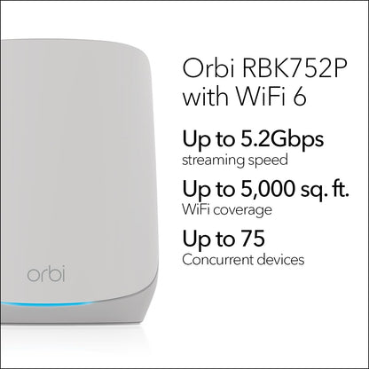 NETGEAR Orbi Whole Home Tri-Band WiFi 6 Mesh Network System (RBK752P) – Router with 1 Satellite Extender, Security Features, Coverage up to 5,000 sq. ft., 75 Devices, AX5200 802.11ax (Up to 5.2Gbps)