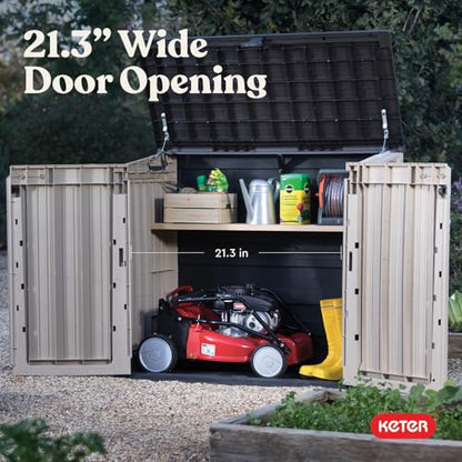Keter Store-It-Out MIDI Outdoor Resin Storage Shed – Weather-Resistant Horizontal Cabinet for Trash Cans, Garden Tools & Patio Accessories – Lockable, Easy-Lift Lid, 30 Cu. Ft. Capacity, Beige