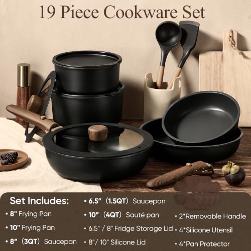 CAROTE 19pcs Pots and Pans Set Non Stick, Detachable Handle Cookware Set