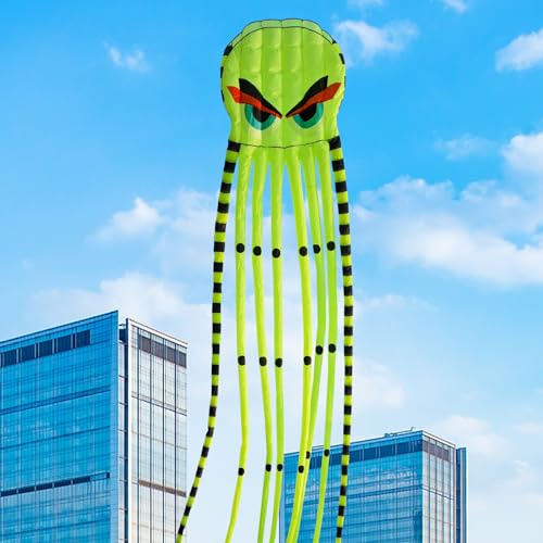3D 26ft Ultra Large & Funs Octopus Foil Kite with 1000D Kite String, Beach Park Outdoor Fun Beach Trip Great Gift to Build (Green)