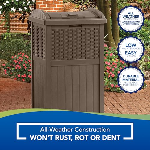 Suncast 33 Gallon Outdoor Trashcan Hideaway with Lid for 30 to 33 Gallon Trash Bags for Garage, Backyard, or Garden, Brown, Made in the USA