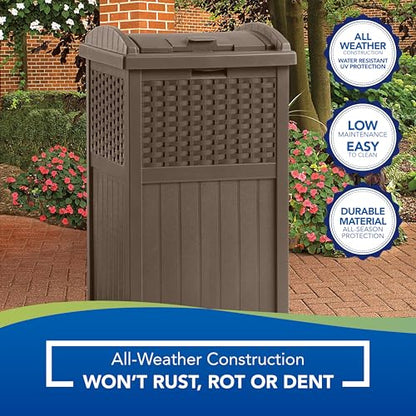 Suncast 33 Gallon Outdoor Trashcan Hideaway with Lid for 30 to 33 Gallon Trash Bags for Garage, Backyard, or Garden, Brown, Made in the USA