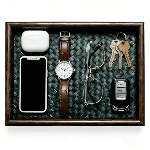 Wooden Valet Tray with Leather Base - EDC Organizer for Daily Carry Items