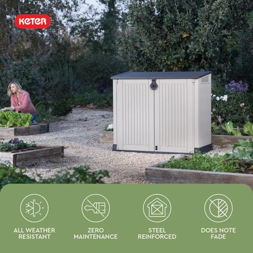 Keter Store-It-Out MIDI Outdoor Resin Storage Shed – Weather-Resistant Horizontal Cabinet for Trash Cans, Garden Tools & Patio Accessories – Lockable, Easy-Lift Lid, 30 Cu. Ft. Capacity, Beige