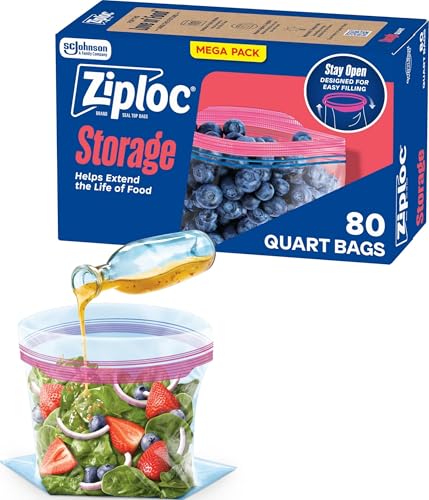 Ziploc Quart Food Storage Bags, Stand-Up Bottom, 80 Count