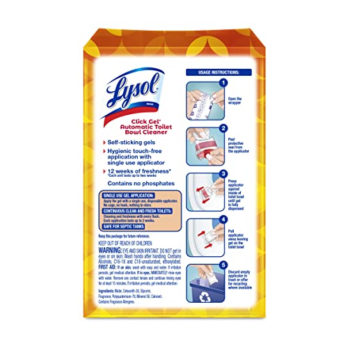 Lysol Click Gel Automatic Toilet Bowl Cleaner, Gel Toilet Bowl Cleaner, For Cleaning and Refreshing, Mango & Hibiscus, 6 Count (Pack of 1)