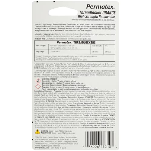 Permatex 25210 High Strength Removable Threadlocker Orange Liquid, 10 ml