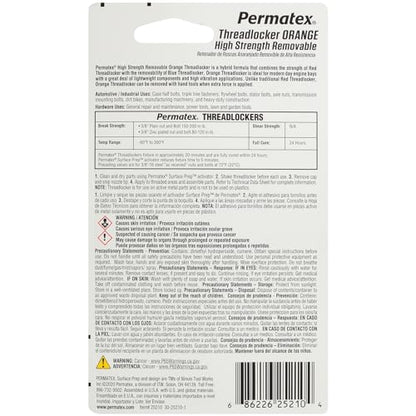 Permatex 25210 High Strength Removable Threadlocker Orange Liquid, 10 ml