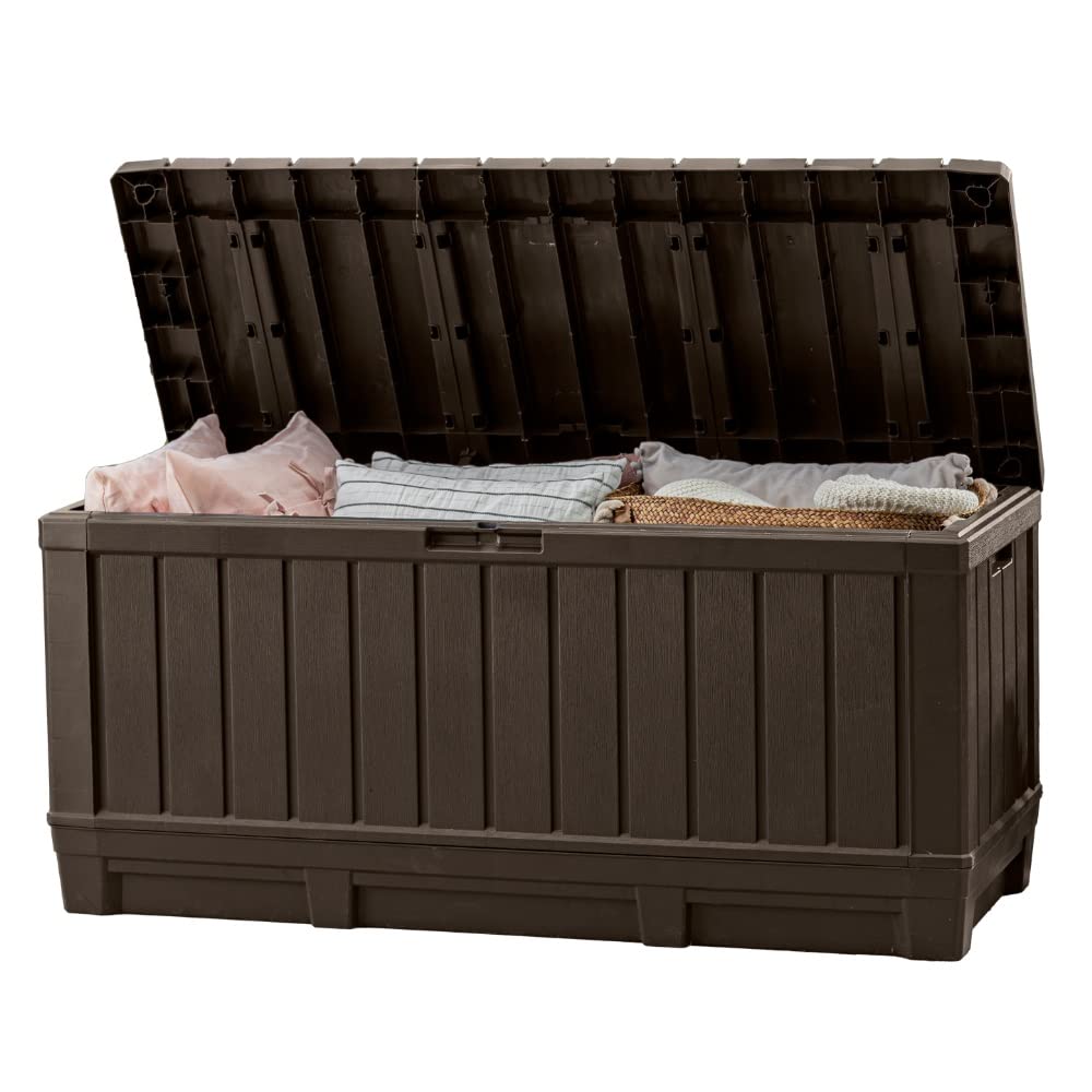 Keter Kentwood 92 Gallon Resin Deck Box-Organization and Storage for Patio Storage Box Outdoor Cushions, Throw Pillows, Garden Tools and Pool Floats, Brown
