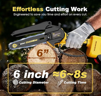 Mini Chainsaw Cordless 6 Inch – 21V Battery Powered Electric Pruning Saw, Lightweight Handheld Chainsaw for Tree Trimming Wood Cutting, Gifts for Men Dad, Yellow