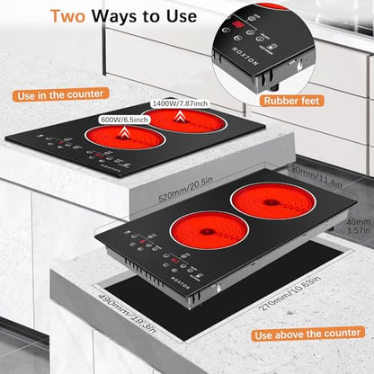 Noxton 110V Electric Cooktop 2 Burners, 12 Inch Electric Stove,Counter top Burner & Built-in Ceramic Stovetop, Sensor Touch Control Timer, Child Safety Lock, High Temperature Warning