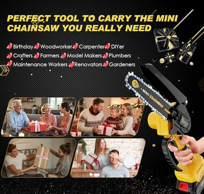 Mini Chainsaw Cordless 6 Inch – 21V Battery Powered Electric Pruning Saw, Lightweight Handheld Chainsaw for Tree Trimming Wood Cutting, Gifts for Men Dad, Yellow