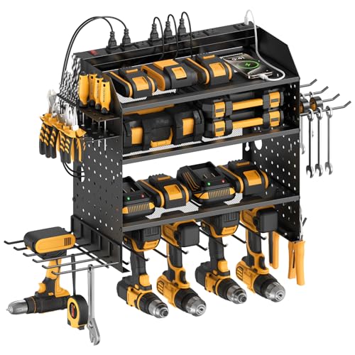 CCCEI Modular Power Tools Organizer with USB Charging Station, 4 Layer Drills and Battery Storage Wall Mount, Garage Shop Organization, Anniversary, Birthday, Gifts for Men, Father, 10FT Cord, Black.
