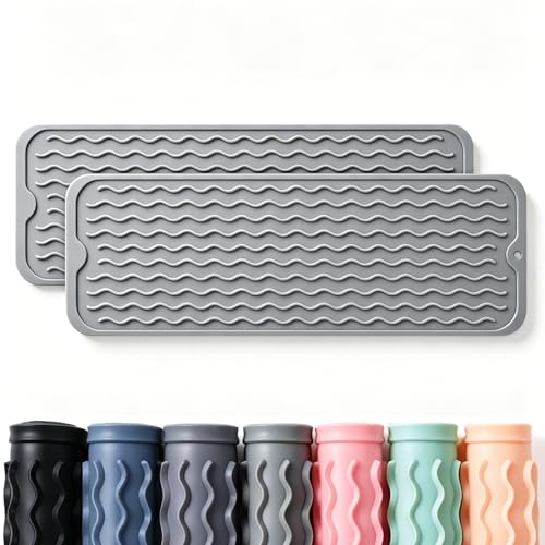2 Pack Caketime Silicone Dish Drying Mat for Kitchen Counter Bathroom Under Sink Protector Faucet Drip Gadgets Clearance Washer Dryer Countertop Organizer Drain Tray 17"x6" Light Gray